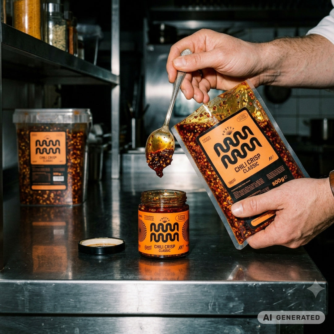 In der Profiküche wird ein 200-g-Glas aus dem 800-g-Beutel Chili Crisp nachgefüllt
