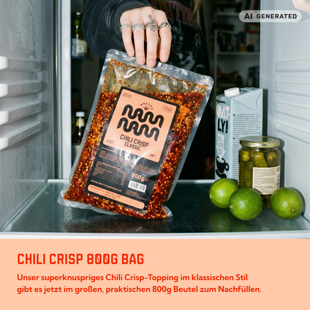 Chili Crisp 800 g Bag im Kühlschrank neben Limetten, dazu der Hinweis: das knusprige Topping im klassischen Stil jetzt im großen Nachfüllbeutel