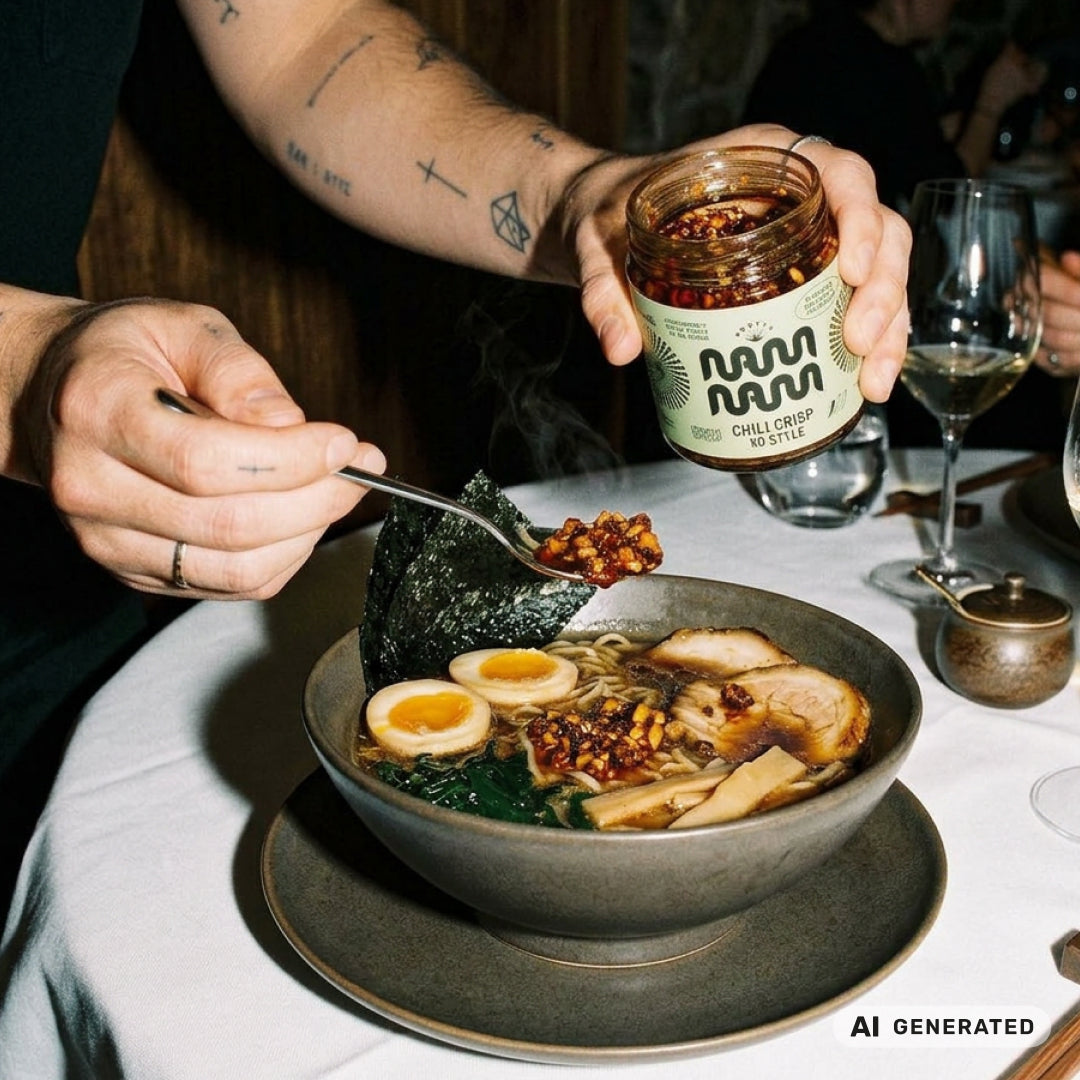 Schale Ramen mit Ei, Nori und Chashu, dazu ein Löffel Chili Crisp XO Style