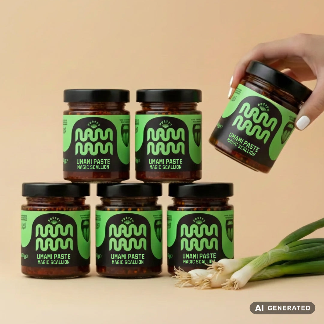 Sechs Gläser Umami Paste Magic Scallion von Pretty NamNam mit frischen Frühlingszwiebeln daneben