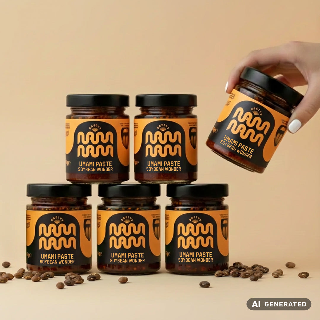 Sechs Gläser Umami Paste Soybean Wonder von Pretty NamNam mit gerösteten Sojabohnen daneben