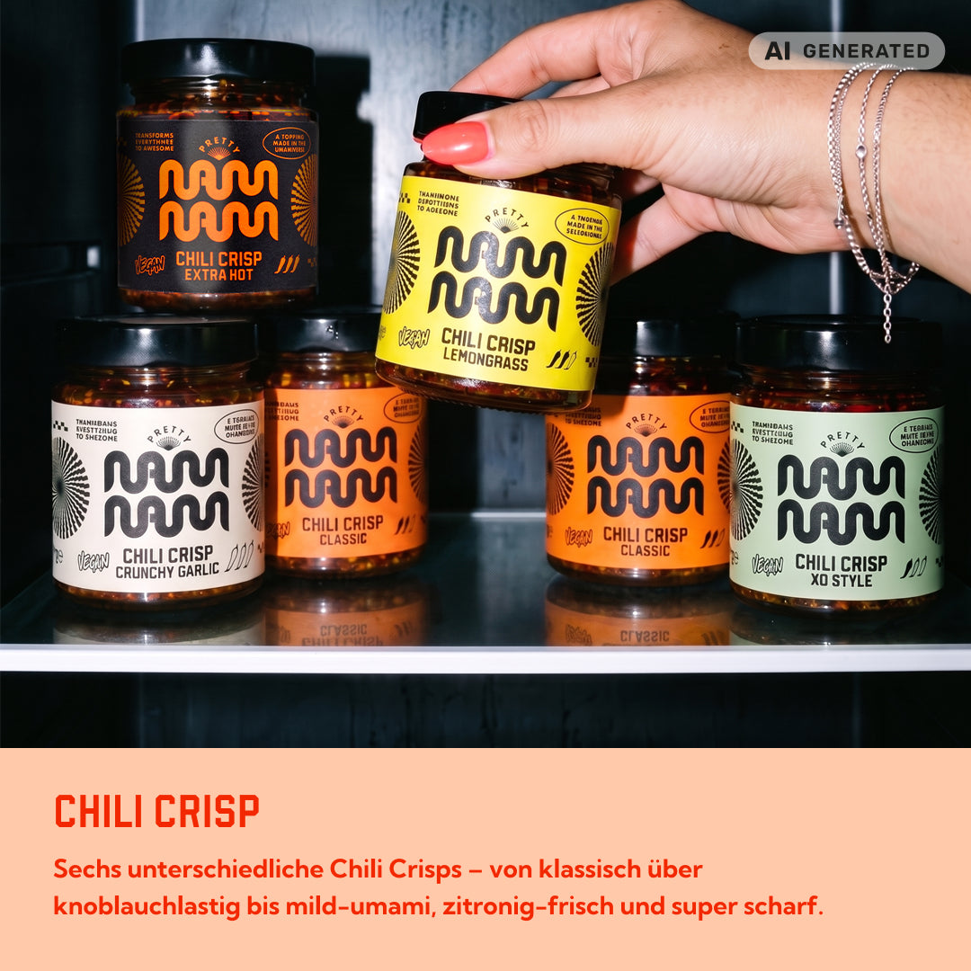 Sechs Sorten Chili Crisp nebeneinander im Kühlschrank, von klassisch über knoblauchlastig bis mild-umami, zitronig und sehr scharf