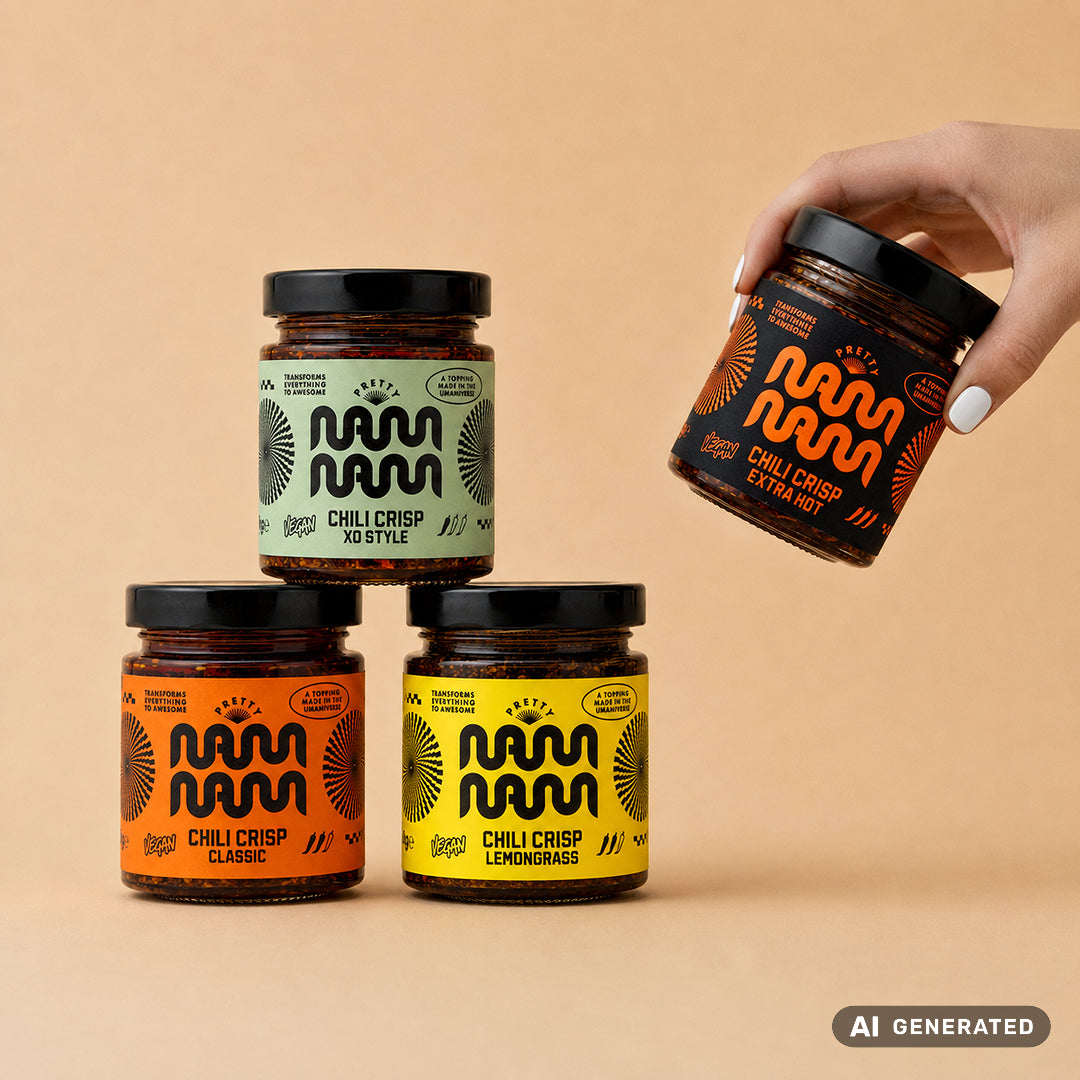 Vier Gläser aus dem Chili Crisp Heat Lovers Bundle von Pretty NamNam: XO Style, Extra Hot, Classic und Lemongrass