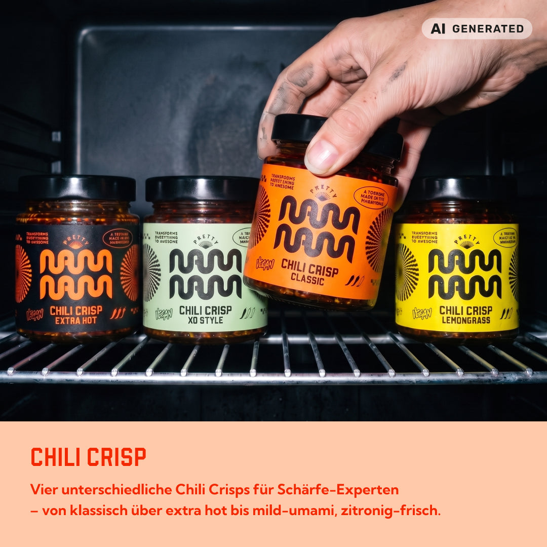 Vier Sorten Chili Crisp für Schärfe-Fans auf dem Grillrost: klassisch, extra hot, mild-umami und zitronig-frisch