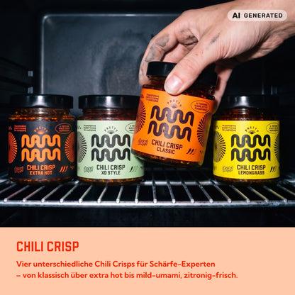 Vier Sorten Chili Crisp für Schärfe-Fans auf dem Grillrost: klassisch, extra hot, mild-umami und zitronig-frisch