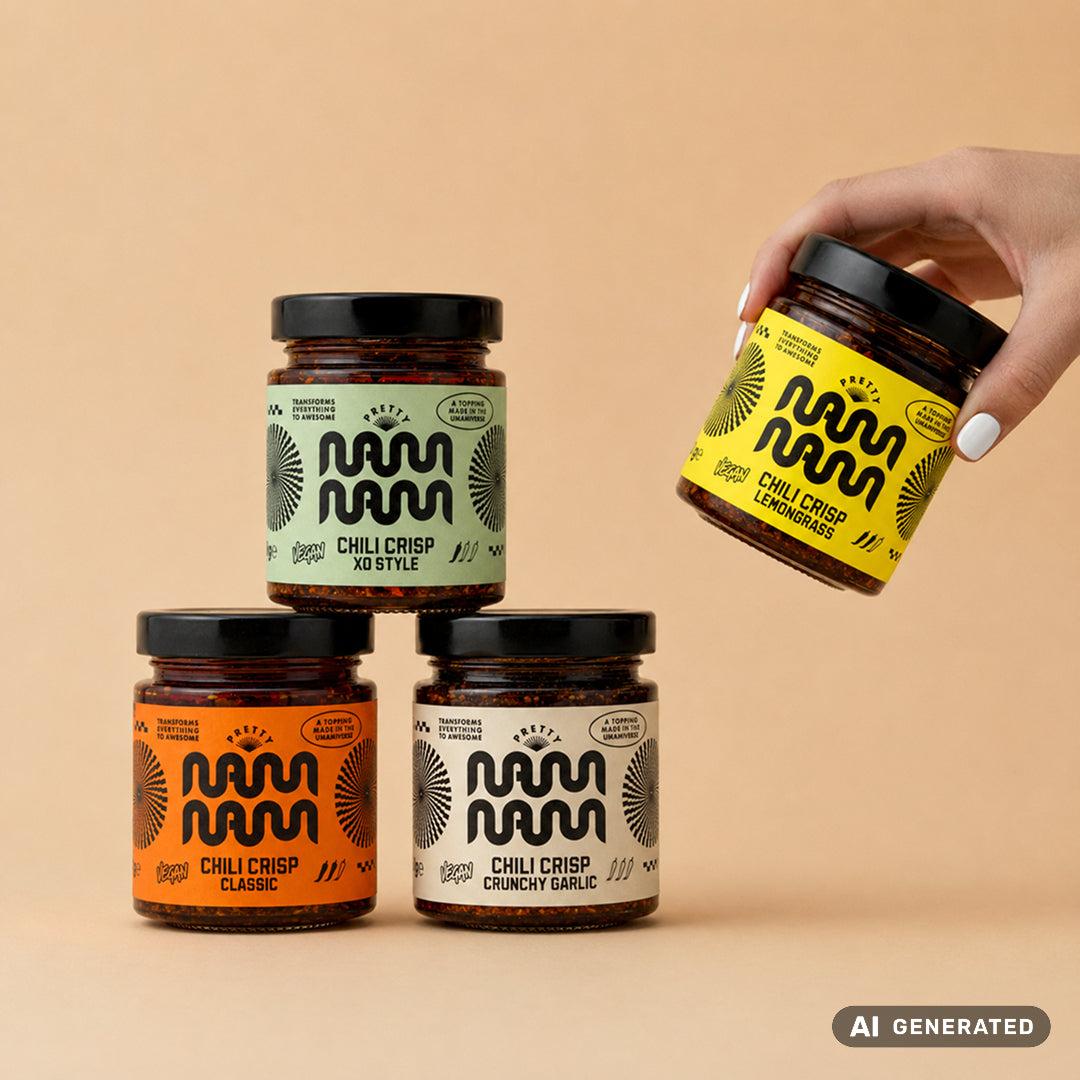 Vier Gläser aus dem Chili Crisp Tasting Set von Pretty NamNam: XO Style, Lemongrass, Classic und Crunchy Garlic