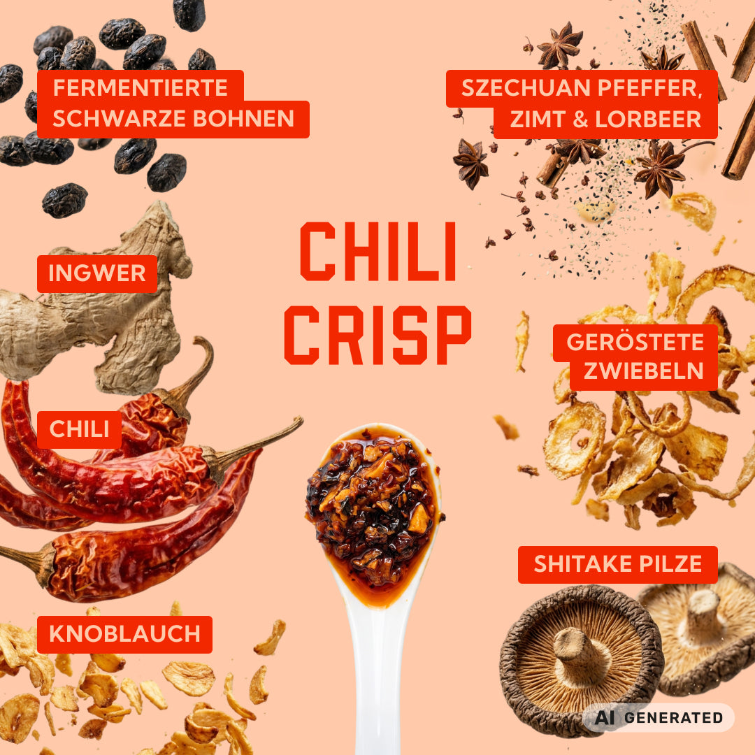 Zutaten von Chili Crisp: fermentierte schwarze Bohnen, Szechuanpfeffer, Zimt, Lorbeer, Ingwer, Chili, geröstete Zwiebeln, Knoblauch und Shiitake-Pilze