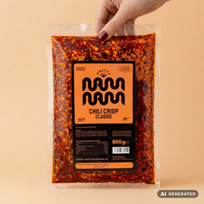 800-Gramm-Nachfüllbeutel Chili Crisp Classic von Pretty NamNam, an der Ecke hochgehalten