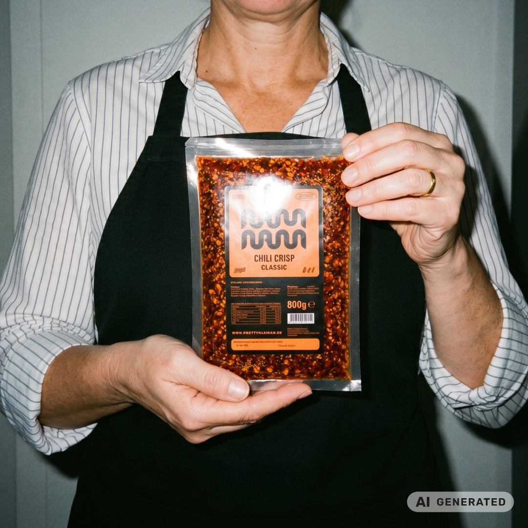 Köchin mit Schürze hält den 800-g-Beutel Chili Crisp Classic vor sich