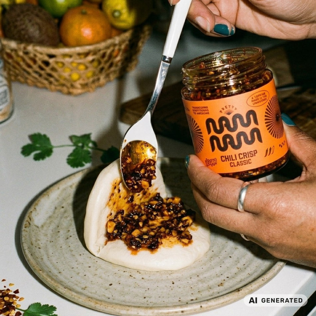 Chili Crisp Classic wird löffelweise auf einen gedämpften Bao-Bun gegeben