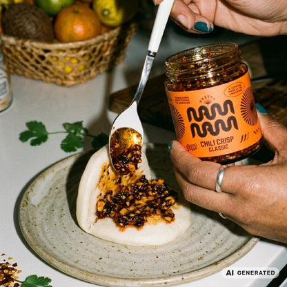 Chili Crisp Classic wird löffelweise auf einen gedämpften Bao-Bun gegeben