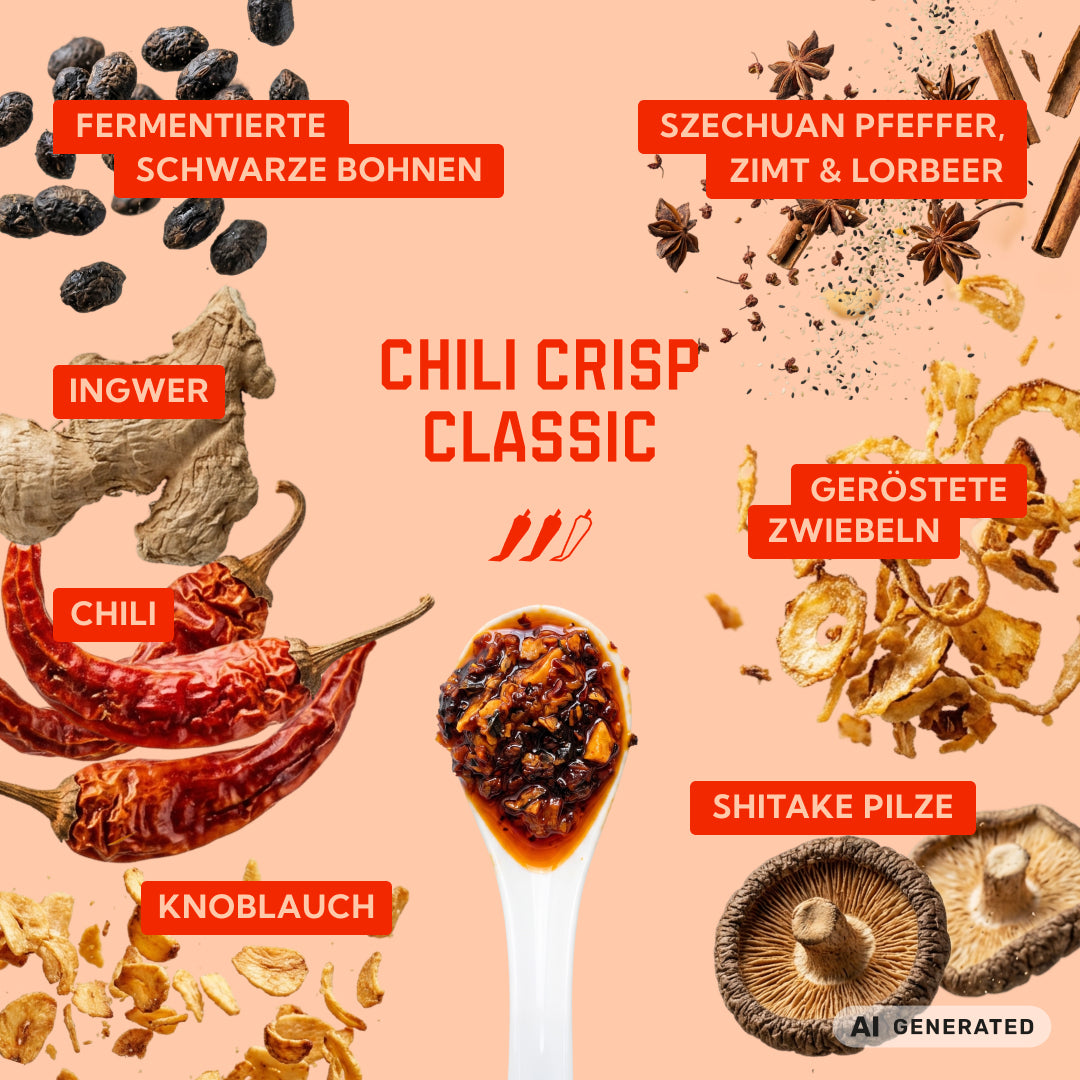 Zutaten von Chili Crisp Classic: fermentierte schwarze Bohnen, Szechuanpfeffer, Zimt, Lorbeer, Ingwer, Chili, geröstete Zwiebeln, Knoblauch und Shiitake-Pilze