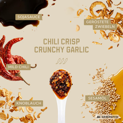 Zutaten von Chili Crisp Crunchy Garlic: Sojasauce, geröstete Zwiebeln, milde Chili, Knoblauch und Sesamöl