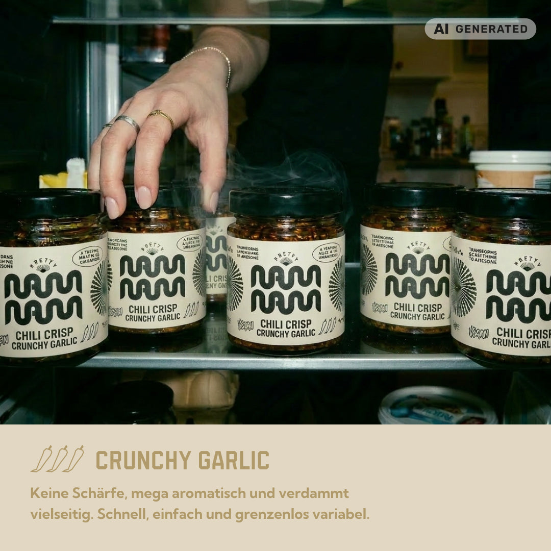 Gläser Chili Crisp Crunchy Garlic im Kühlschrank, dazu der Hinweis: keine Schärfe, dafür sehr aromatisch und vielseitig