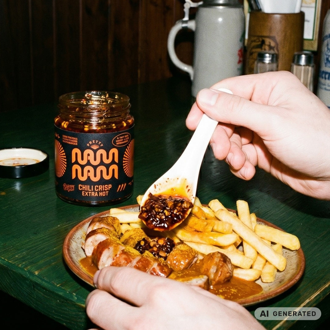 Currywurst mit Pommes, dazu ein Löffel Chili Crisp Extra Hot und das offene Glas
