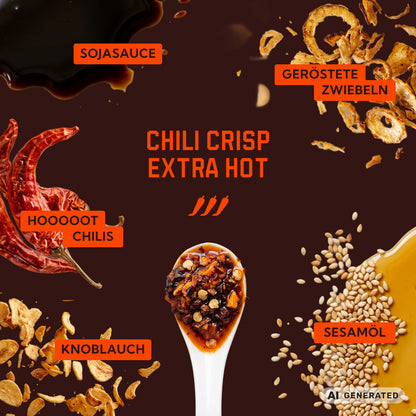 Zutaten von Chili Crisp Extra Hot: Sojasauce, geröstete Zwiebeln, sehr scharfe Chilis, Knoblauch und Sesamöl