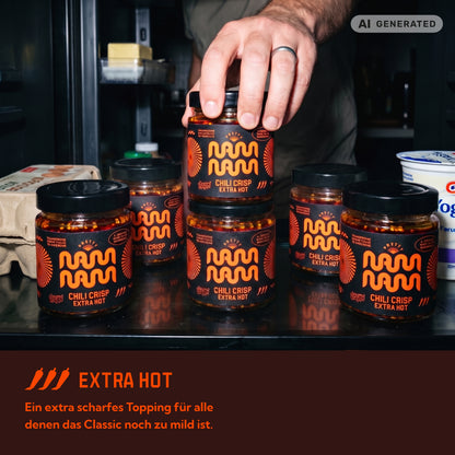 Gläser Chili Crisp Extra Hot im Kühlschrank, dazu der Hinweis: das extra scharfe Topping für alle, denen Classic zu mild ist