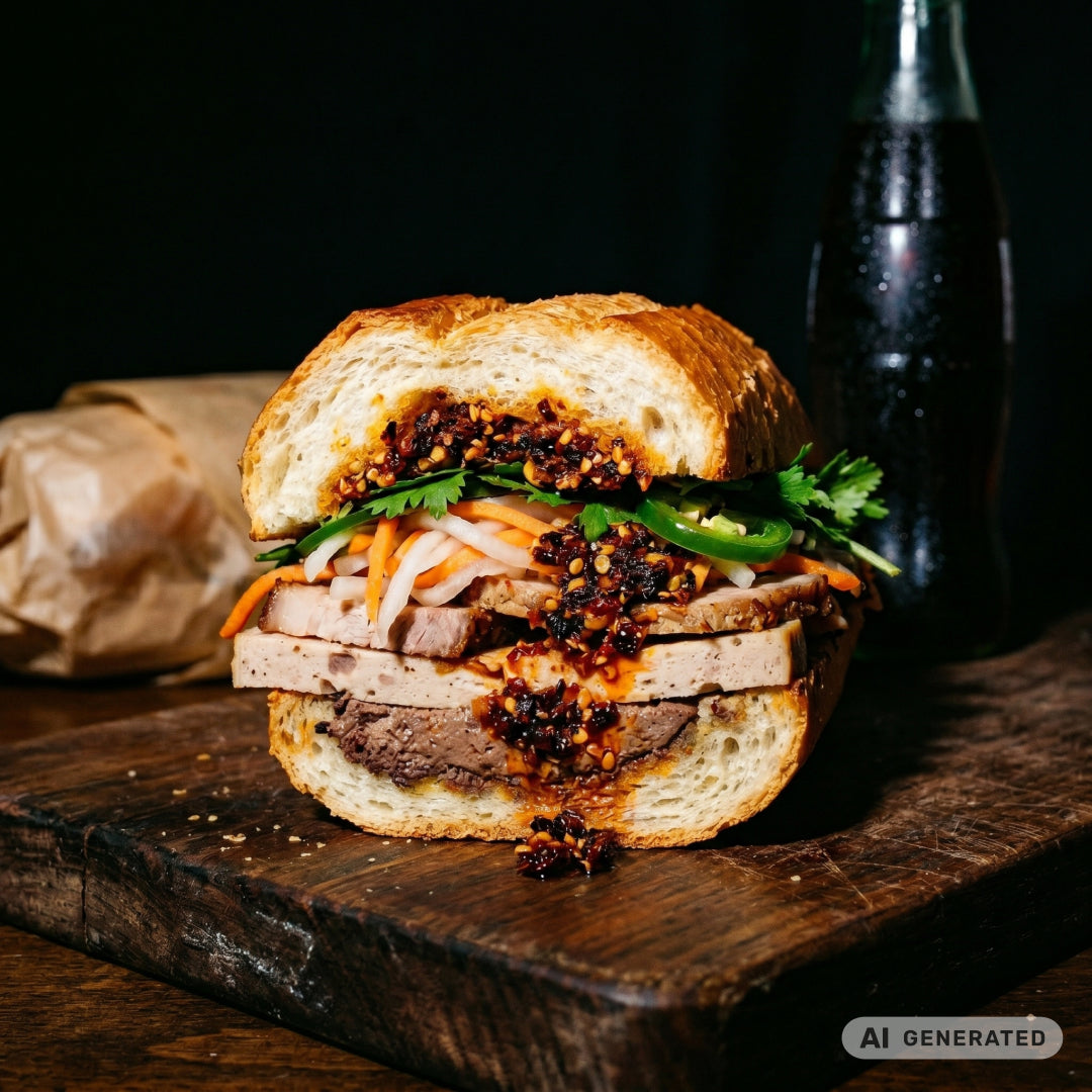 Bánh mì mit Schweinebauch, eingelegtem Gemüse und Chili Crisp auf einem Holzbrett