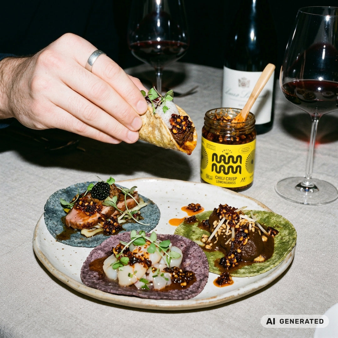 Teller mit dreierlei Ceviche-Tostadas und Chili Crisp Lemongrass, dazu ein Glas Rotwein