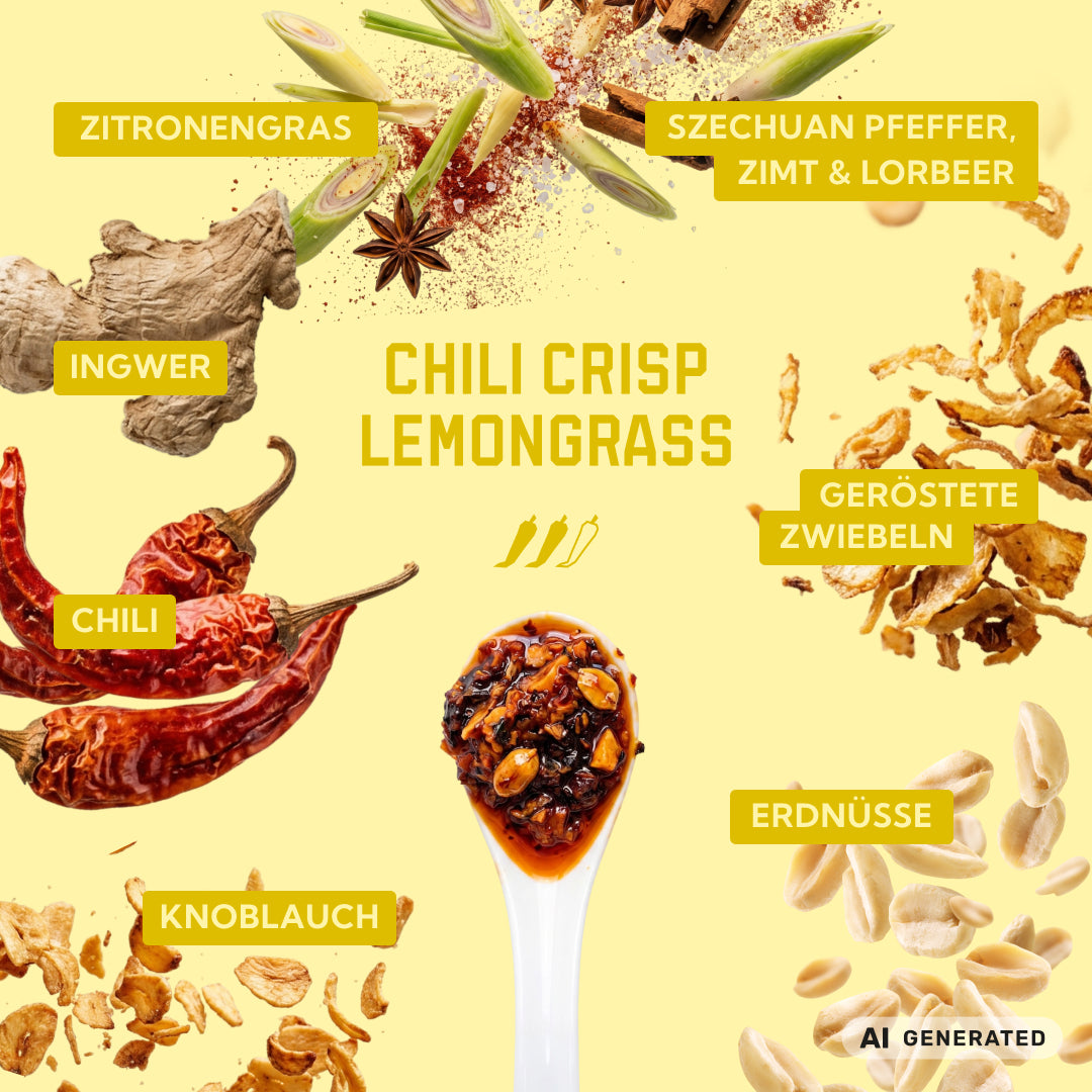 Zutaten von Chili Crisp Lemongrass: Zitronengras, Szechuanpfeffer, Zimt, Lorbeer, Ingwer, Chili, geröstete Zwiebeln, Erdnüsse und Knoblauch