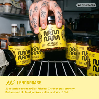 Gläser Chili Crisp Lemongrass im Kühlschrank, dazu der Hinweis: Südostasien im Glas mit frischem Zitronengras und crunchy Erdnuss