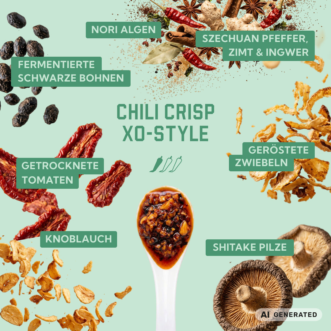 Zutaten von Chili Crisp XO Style: Nori-Algen, Szechuanpfeffer, Zimt, Ingwer, fermentierte schwarze Bohnen, getrocknete Tomaten, geröstete Zwiebeln, Knoblauch und Shiitake-Pilze