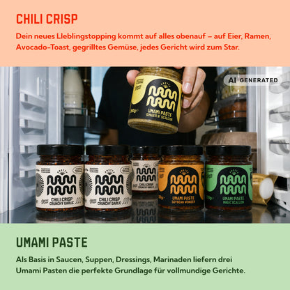 Chili Crisp als Topping für Eier, Ramen, Avocado-Toast und gegrilltes Gemüse, Umami Paste als Basis für Saucen, Suppen, Dressings und Marinaden