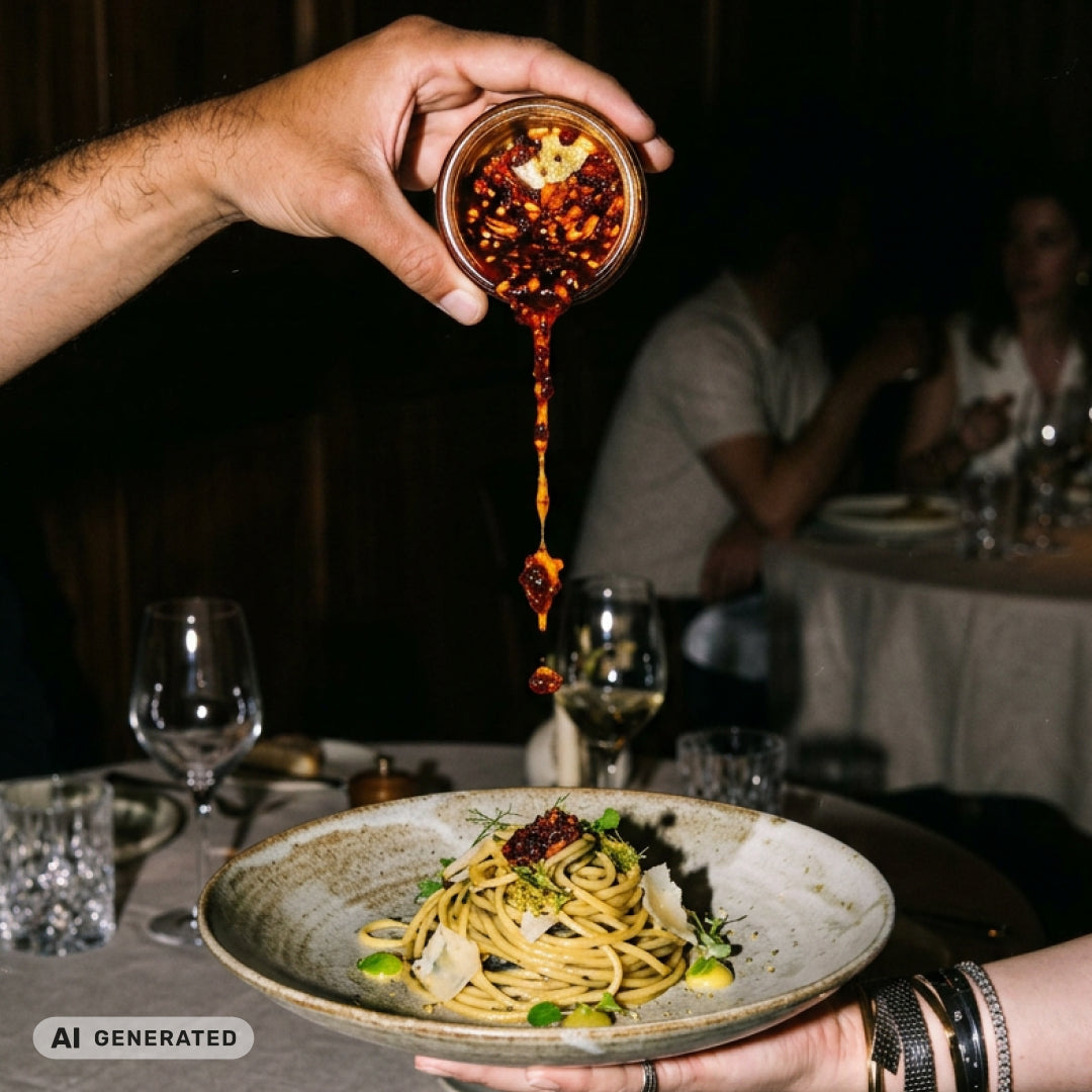 Im Restaurant wird Chili Crisp aus dem Glas über einen Teller Pasta gegossen
