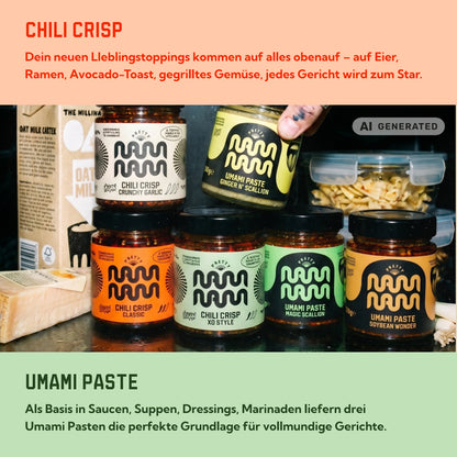 Chili Crisp als Topping für Eier, Ramen, Avocado-Toast und gegrilltes Gemüse, Umami Paste als Basis für Saucen, Suppen, Dressings und Marinaden