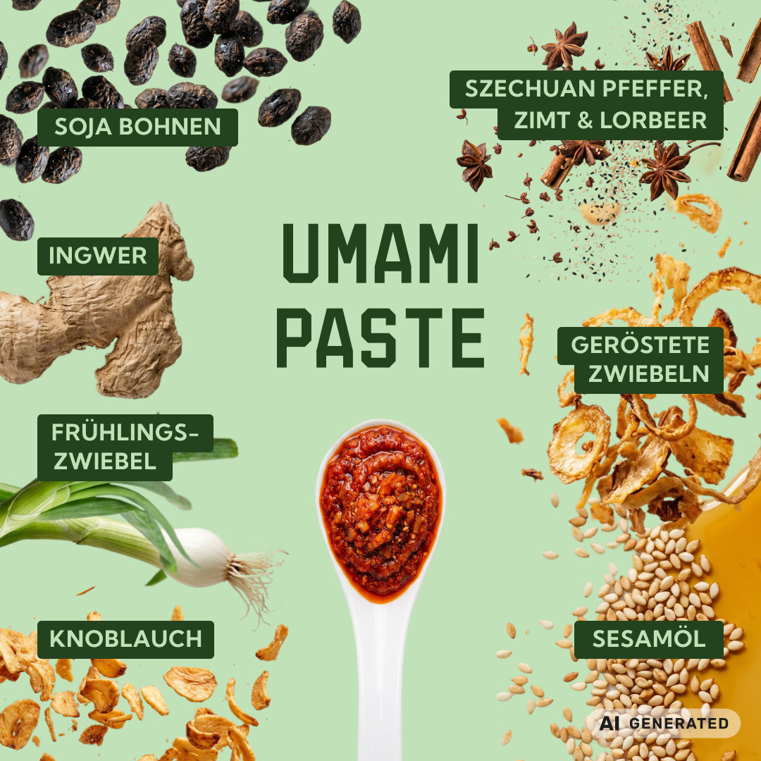 Zutaten der Umami Pasten: Sojabohnen, Szechuanpfeffer, Zimt, Lorbeer, Ingwer, geröstete Zwiebeln, Frühlingszwiebel, Knoblauch und Sesamöl
