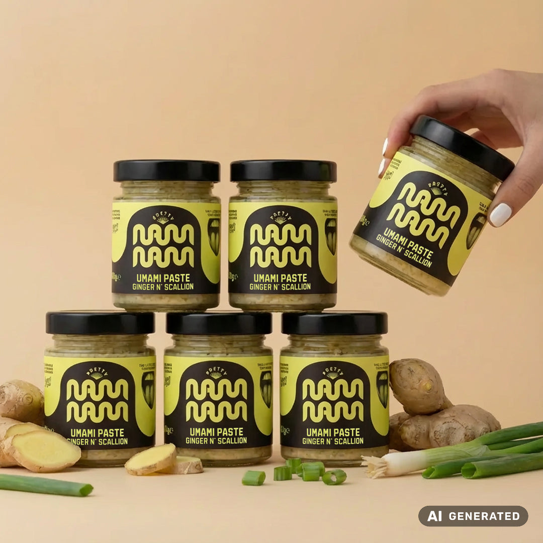Sechs Gläser Umami Paste Ginger n&