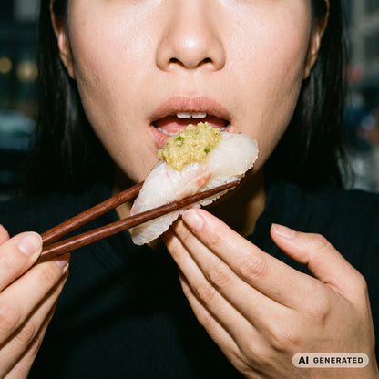Frau isst mit Stäbchen ein Nigiri mit Umami Paste Ginger n&