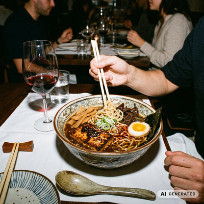 Schale Ramen mit Ei, Nori und Tofu am gedeckten Tisch, gewürzt mit Umami Paste