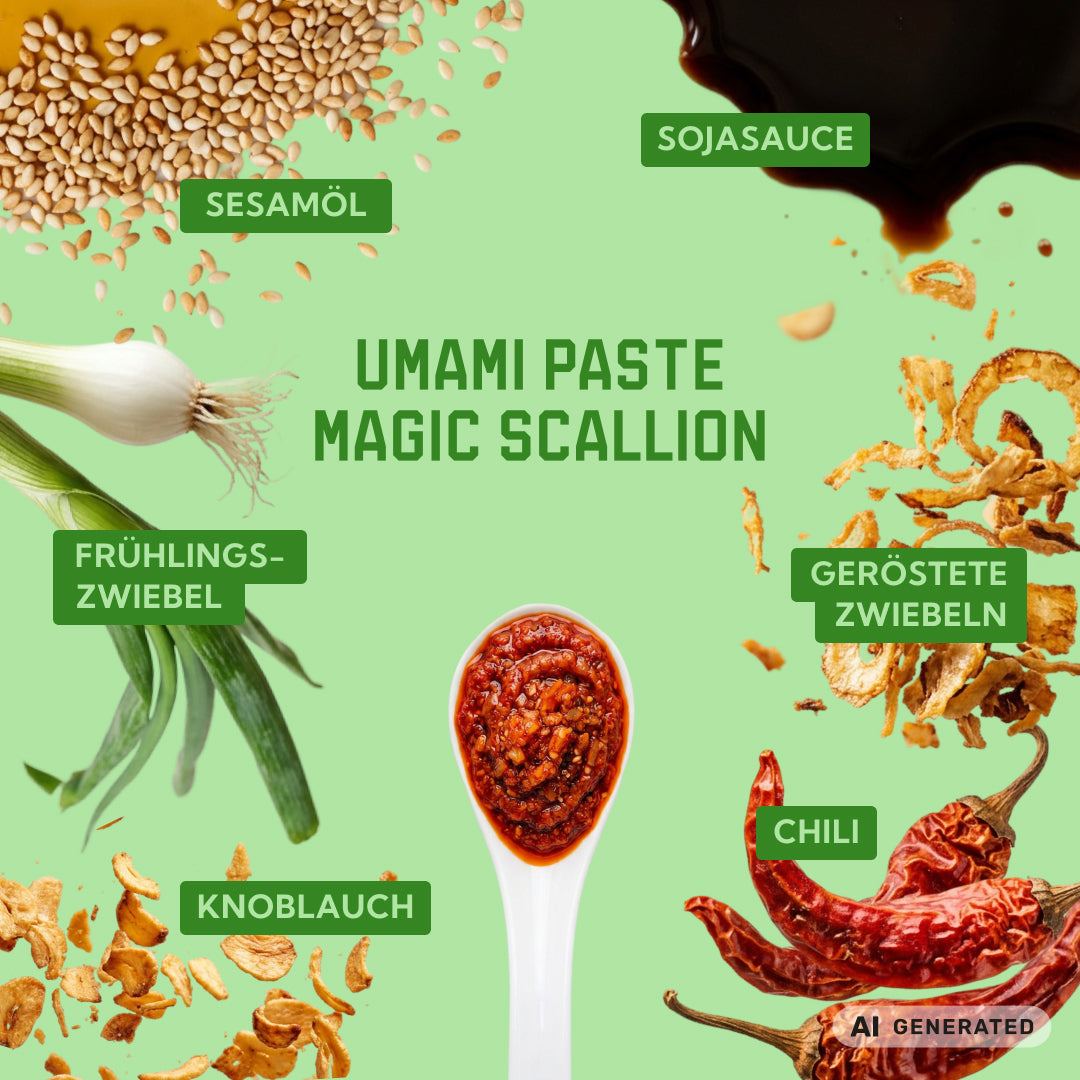 Zutaten von Umami Paste Magic Scallion: Sesamöl, Sojasauce, Frühlingszwiebel, geröstete Zwiebeln, Knoblauch und Chili