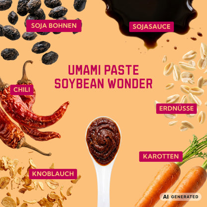 Zutaten von Umami Paste Soybean Wonder: Sojabohnen, Sojasauce, Chili, Erdnüsse, Knoblauch und Karotten